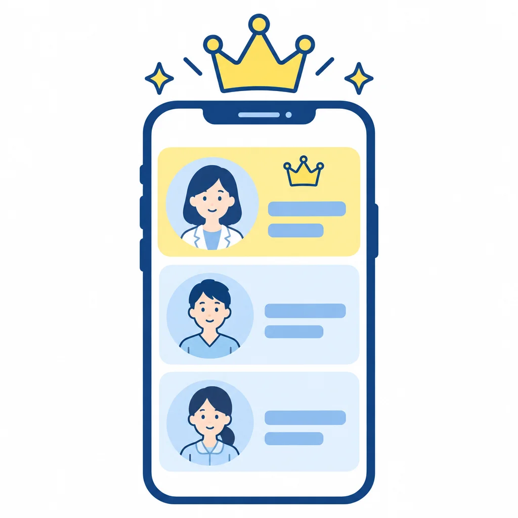 スマホにセラピストのプロフィールが並び、おすすめ枠の上に黄色い王冠があるイメージ