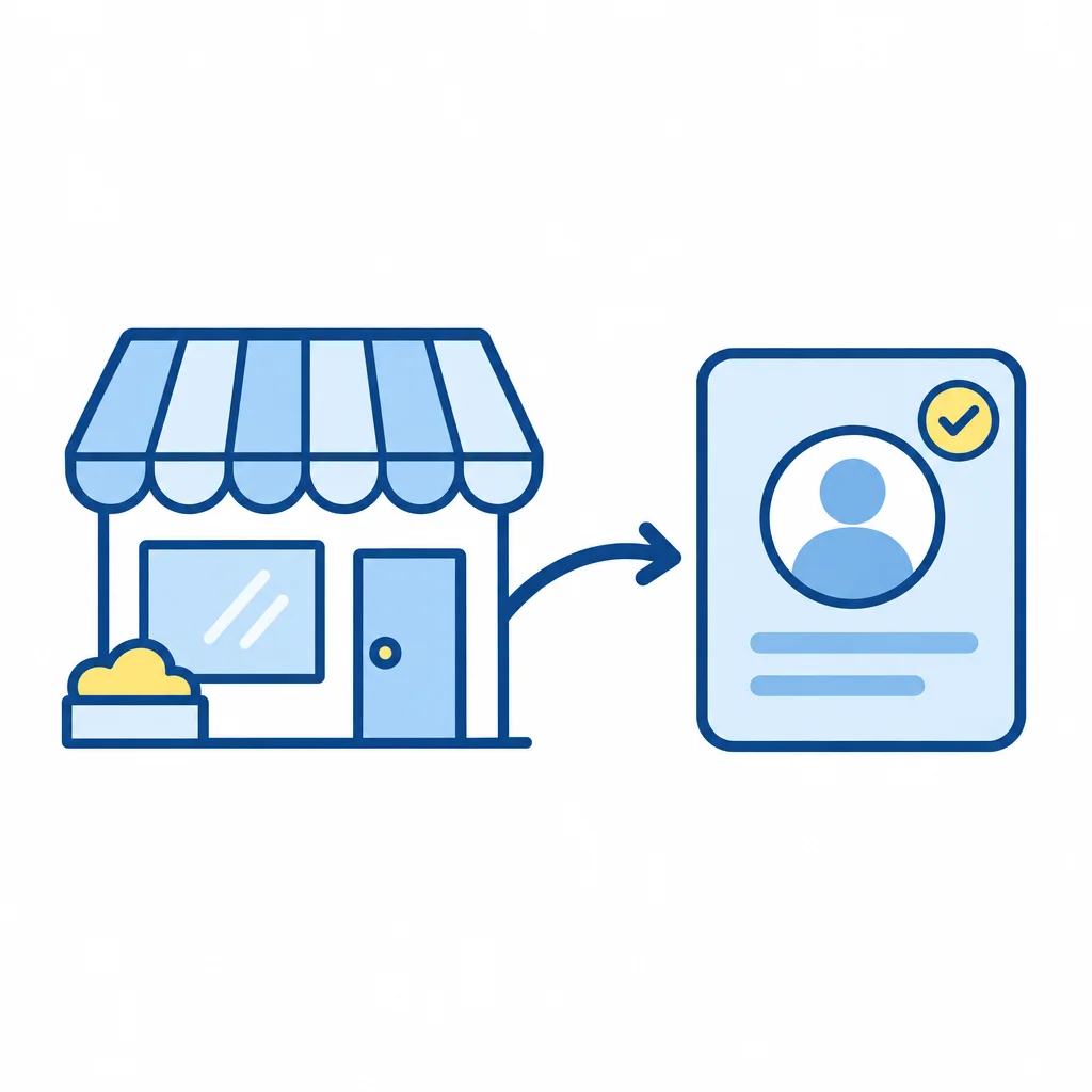 お店の建物とプロフィールカードをつなぐイラスト