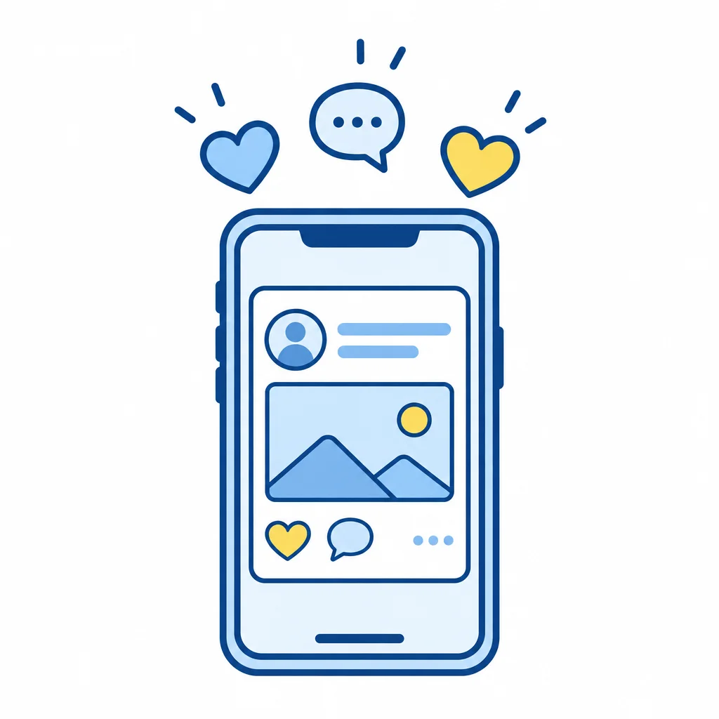 スマホの投稿からハートや吹き出しが広がるイラスト